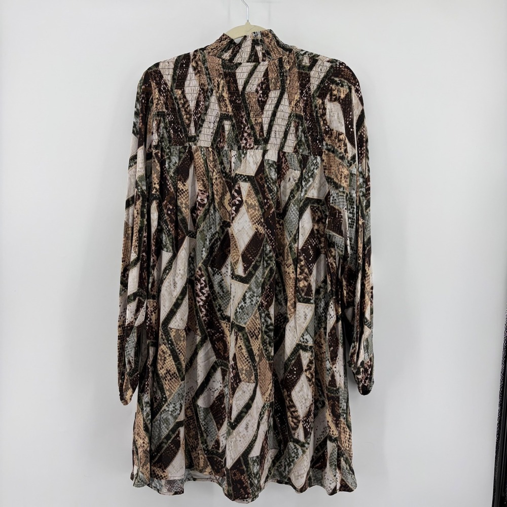 H&M Women L Multi Snakeskin Geometric Smocked Mock Neck Mini Dress Boho Balloon - Picture 2 of 6
